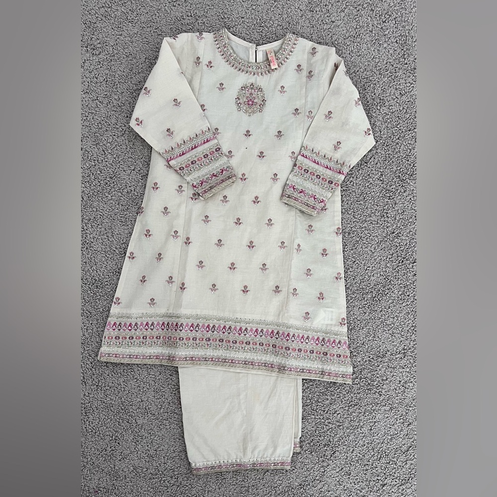 Girls' Cream and Pink Embroidered Pajama Set